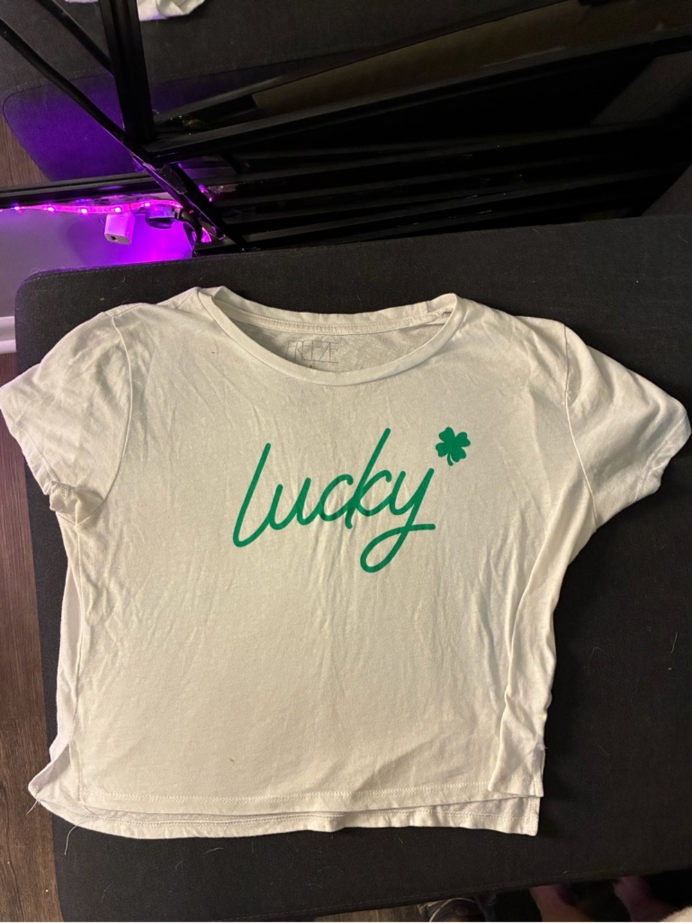 Freeze White Crop Tee with Green "Lucky" Script